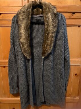 Ann Taylor Gray Knit Teddy Jacket with Faux Fur Collar